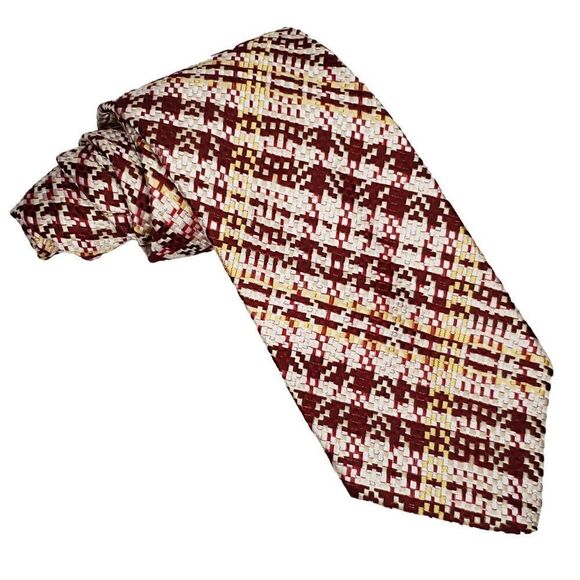 Vintage Wemlon Wembley Mens Necktie Woven Plaid Red Yellow White - Picture 1 of 3